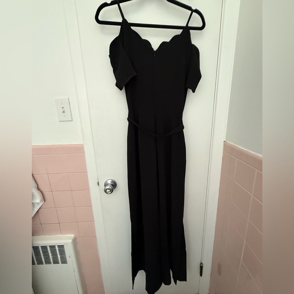 Black Spaghetti Strap and Off the Shoulder Front Tie Jumpsuit - Picture 6 of 11